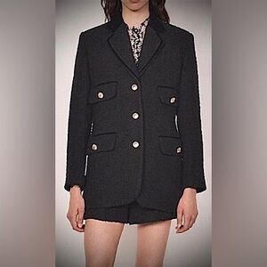 Sandro Nikita Tweed Blazer Jacket Velour Collar Black Color FR. Size 36 = US 2